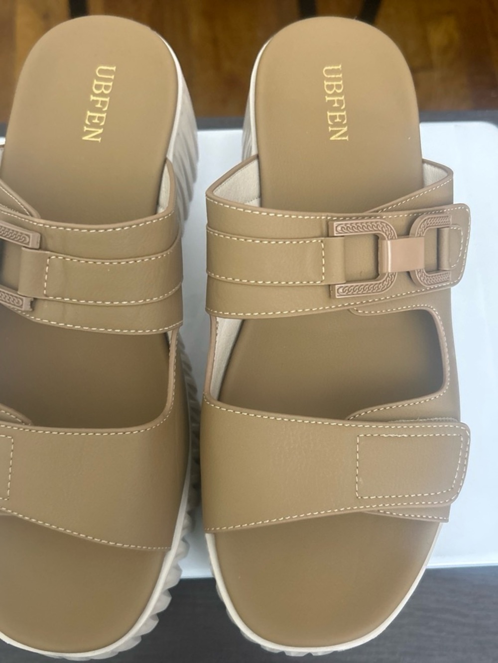 Tan Platform Slide Sandals with Decorative Buckle